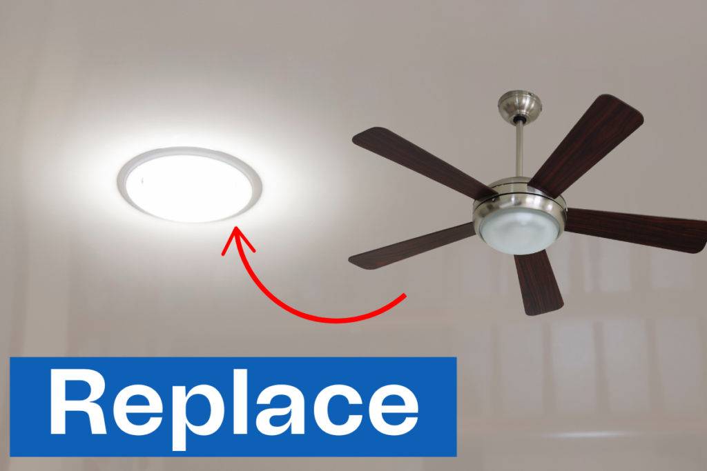 Diagram showing the replacement of a light with a ceiling fan