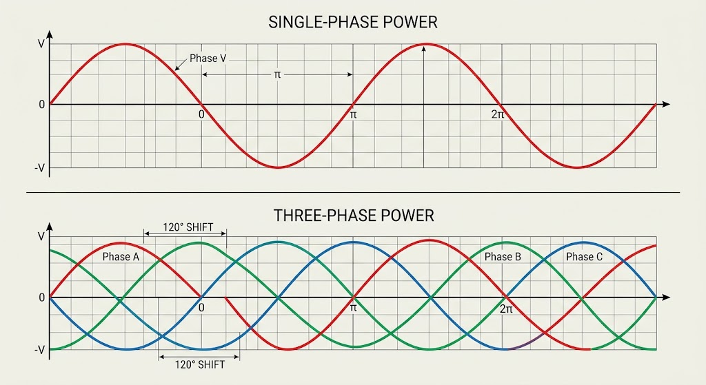 Comparison diagram of single-phase vs three-phase alternating current voltage sine waves.
